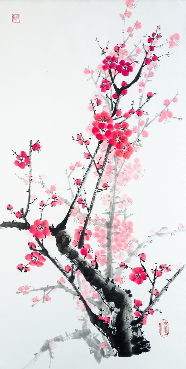 Red plum blossom - Oriental Chinese Ink Painting by Ilana Shechter