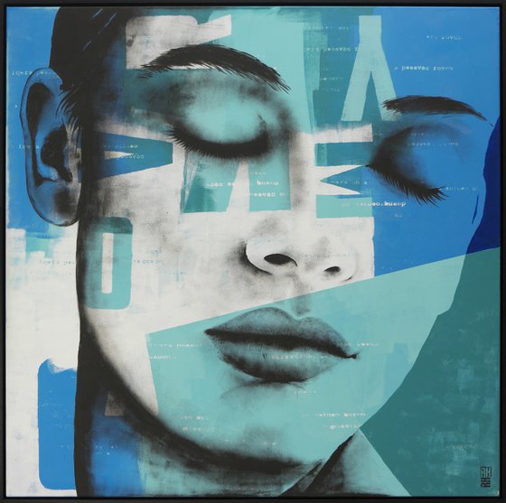 Pop Art Portrait - Close Your Eyes Blue XL Incl Frame - 125x125cm - Ronald Hunter - 27o