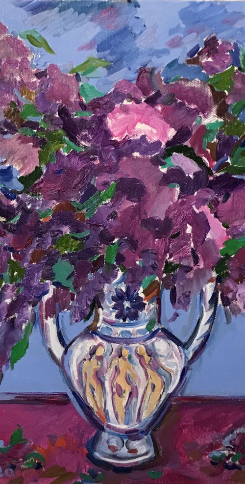 LILAC MORNING - Still-life flowers in vase, original oil paining, medium size, purple flower nude, home interior office decor by Karakhan