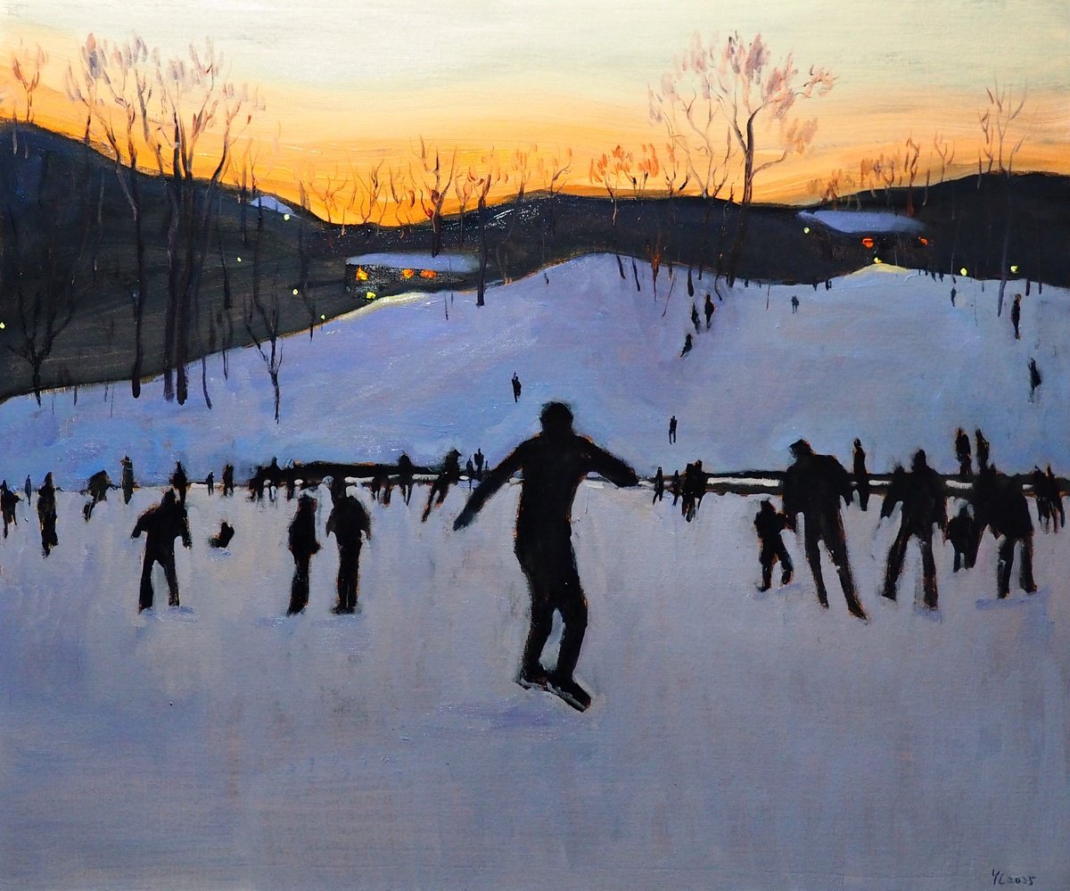 Impressionistic Landscape Oil Painting By Yuanyuan Liu, 26 X 21", Skating, Original Artwork