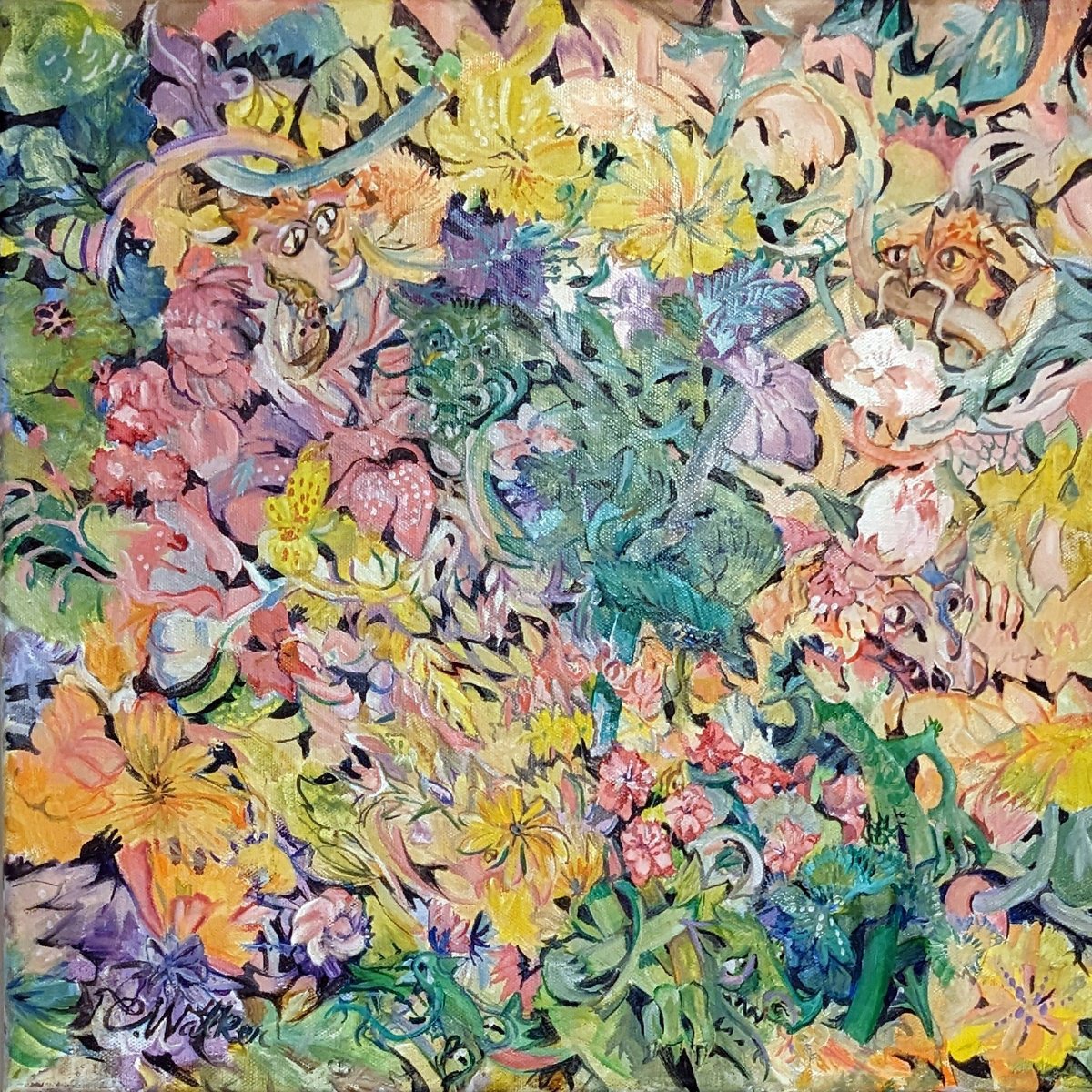 Abstract Animal Oil Painting By Chris Walker, 16 X 16, Dragon Garden, Original Artwork