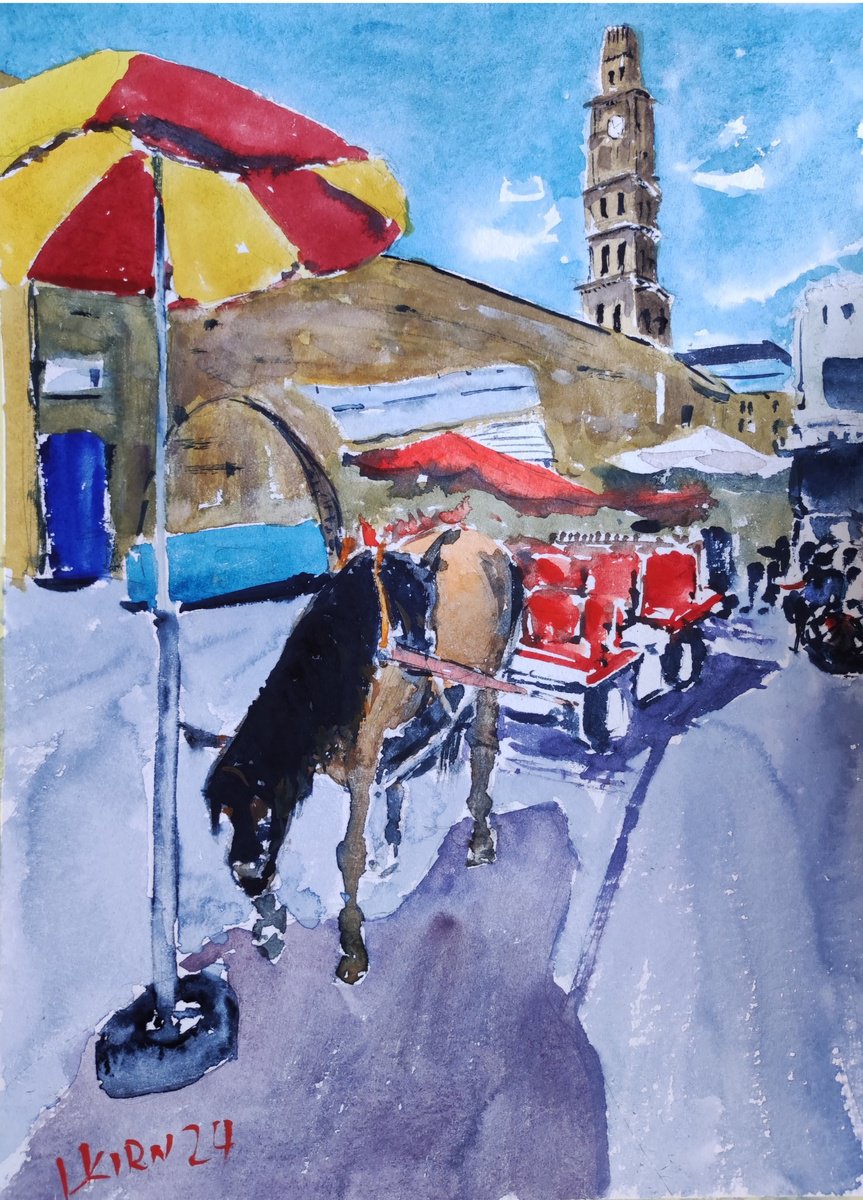 Impressionistic Cityscapes Watercolour By Leonid Kirnus, 12 X 16", Waiting For Clients, Original Artwork