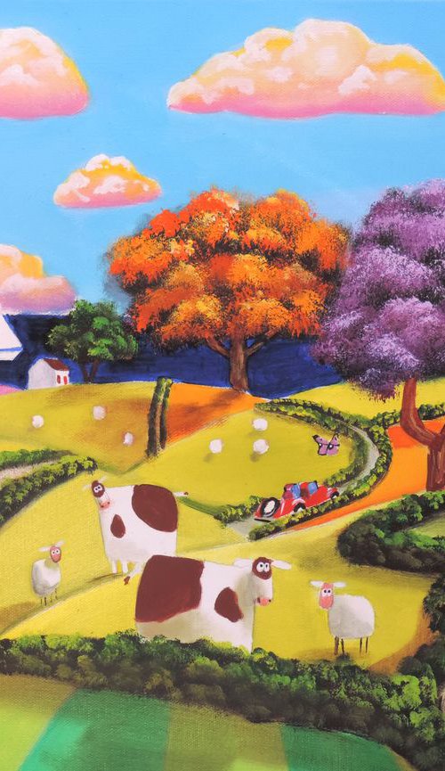 Seaside houses seaside sheep & cow painting by Gordon Bruce