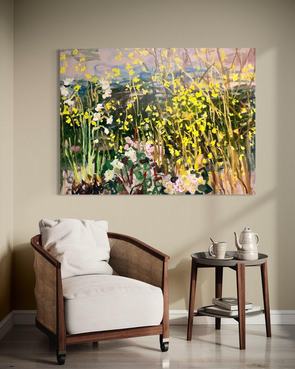 Expressive Landscape Oil Painting By Lilia Orlova-Holmes, 47 X 35", In My Garden, Original Artwork