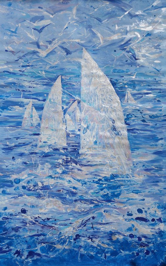 Large seascape painting 100x160 cm unstretched canvas "Sails" i009 art original artwork by artist Airinlea