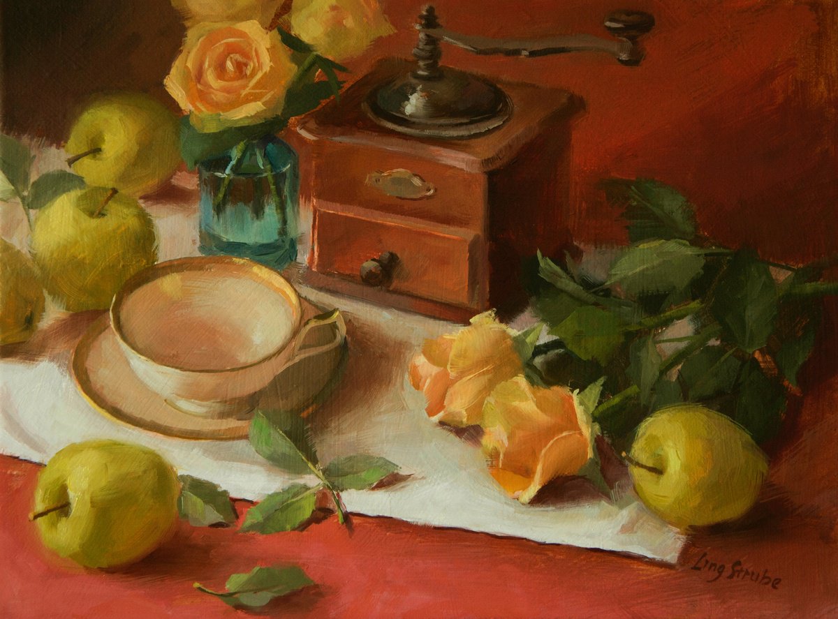 Impressionistic Still Life Oil Painting By Ling Strube, 16 X 12", Coffee Time, Original Artwork