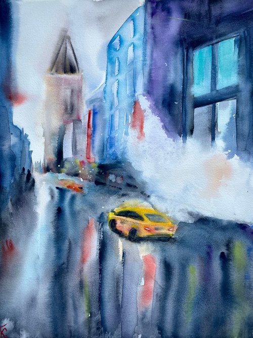 New York Watercolor Painting, Rainy City Original Artwork, NYC Artwork, Abstract Cityscape Art by Kate Grishakova