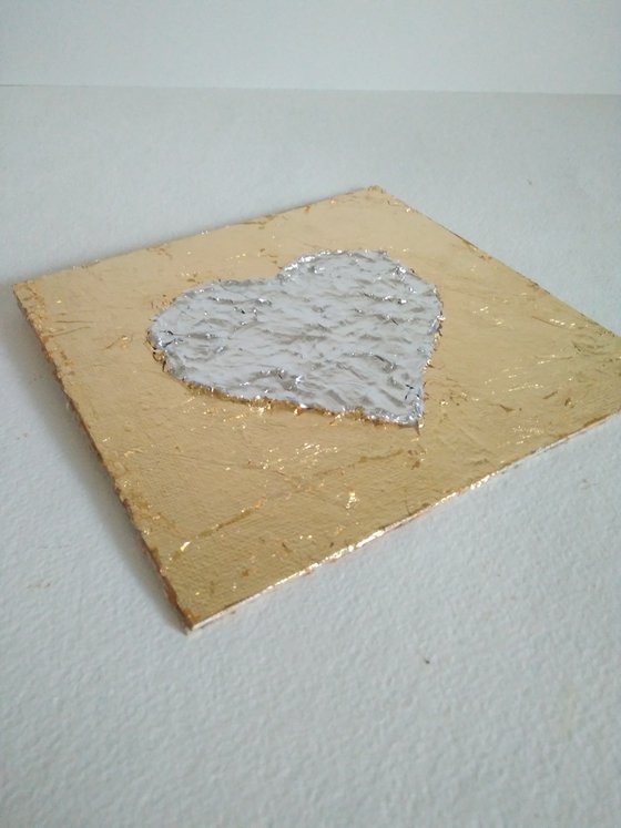 Silver Heart Painting Original Art Gold Leaf Artwork Impasto Mini Wall Art