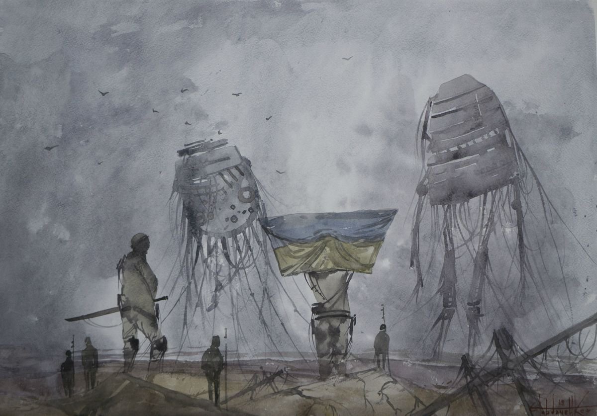 Landscape Watercolour By Eugene Gorbachenko, 24 X 17, Future. War Of Robots, Original Artwork