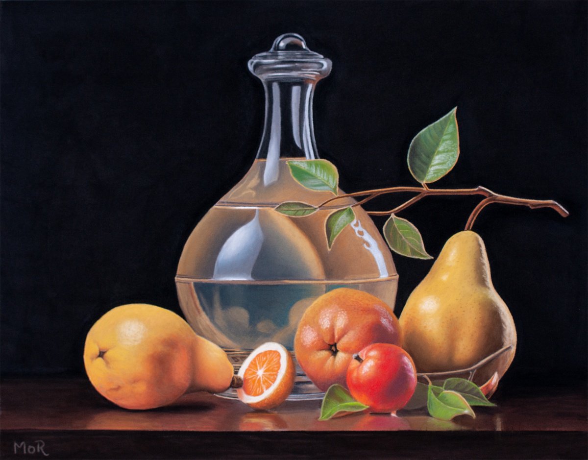 Photorealistic Still Life Pastel Drawing By Dietrich Moravec, 20 X 16, Fruits And Juice, Original Artwork
