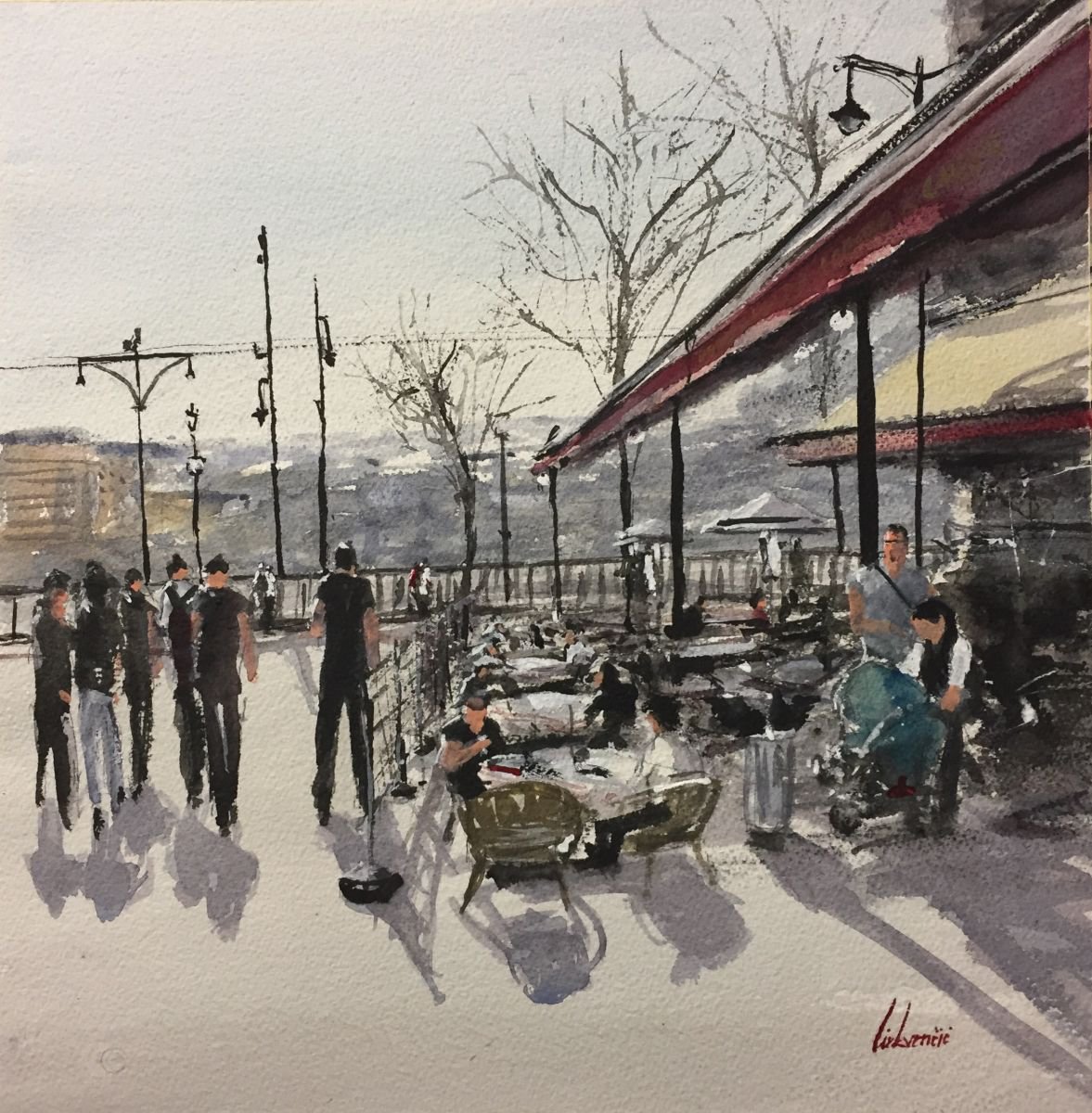 Impressionistic Cityscapes Watercolour By Tihomir Cirkvencic, 14 X 14", Sunny Day, Caffe Near Danube, Original Artwork