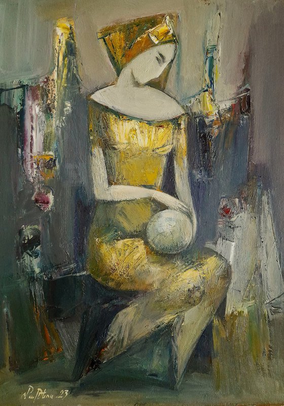 GIRL WITH YELLOW BALL (42x58cm, oil/canvas, abstract portrait)