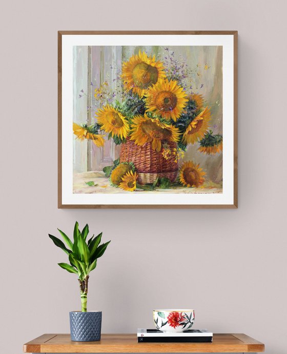 Sunflowers in a basket