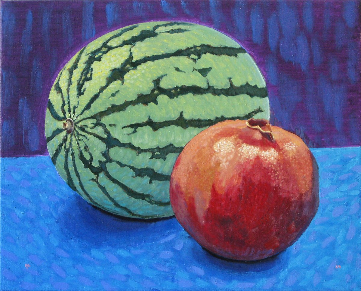 Still Life Oil Painting By Richard Gibson, 20 X 16", Watermelon And Pomegranate, Original Artwork