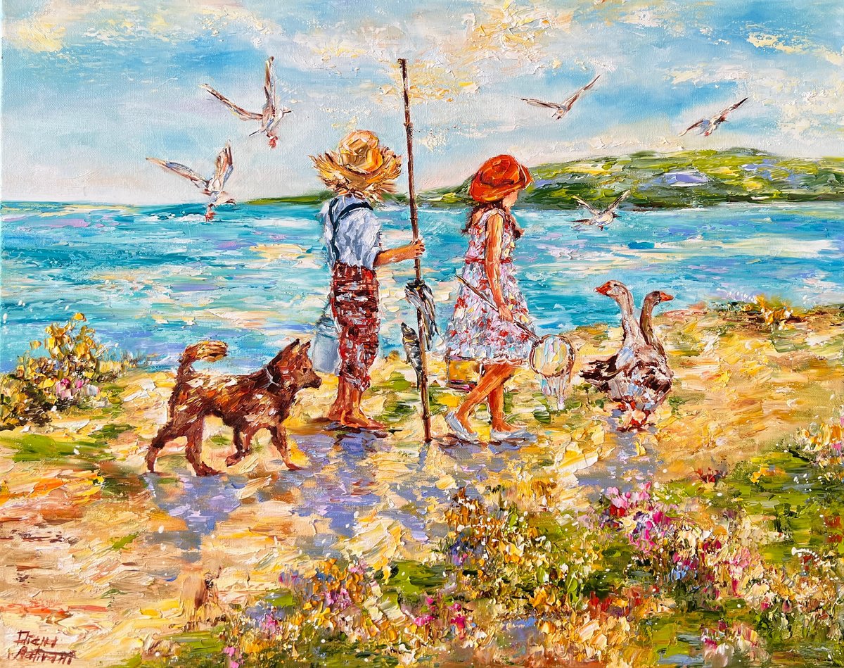 Impressionistic Animal Oil Painting By Diana Malivani, 20 X 16, Une Bonne Pi?che, Original Artwork