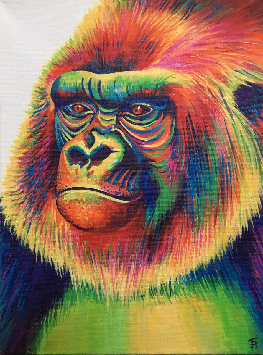 Urban And Pop Animal Acrylic Painting By Tiffany Budd, 12 X 16", Gary The Rainbow Gorilla, Original Artwork