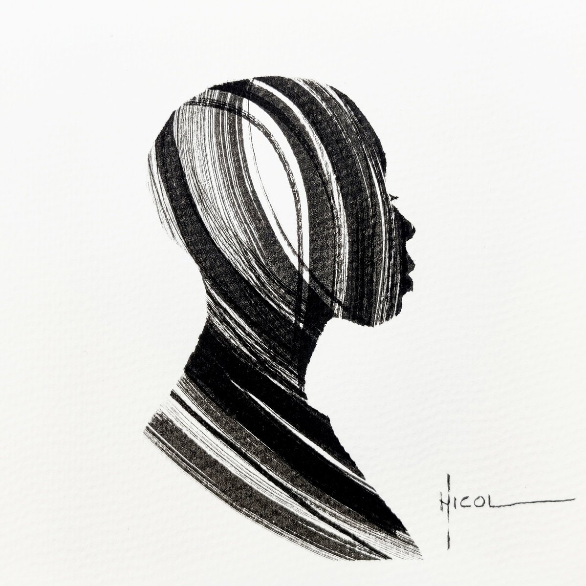 Expressive Portrait Ink Drawing By Nicol Vacaru, 6 X 6", Silent Contours, Original Artwork