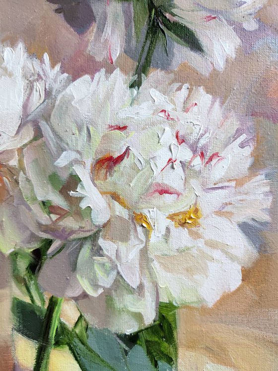 White peony art painting original, Flowers oil painting on canvas, Purity peony in glass, Floral wall art, Picture on shelf table