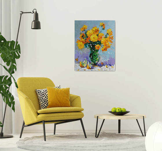 Still life - Yellow flowers (100x80cm, oil painting, palette knife)