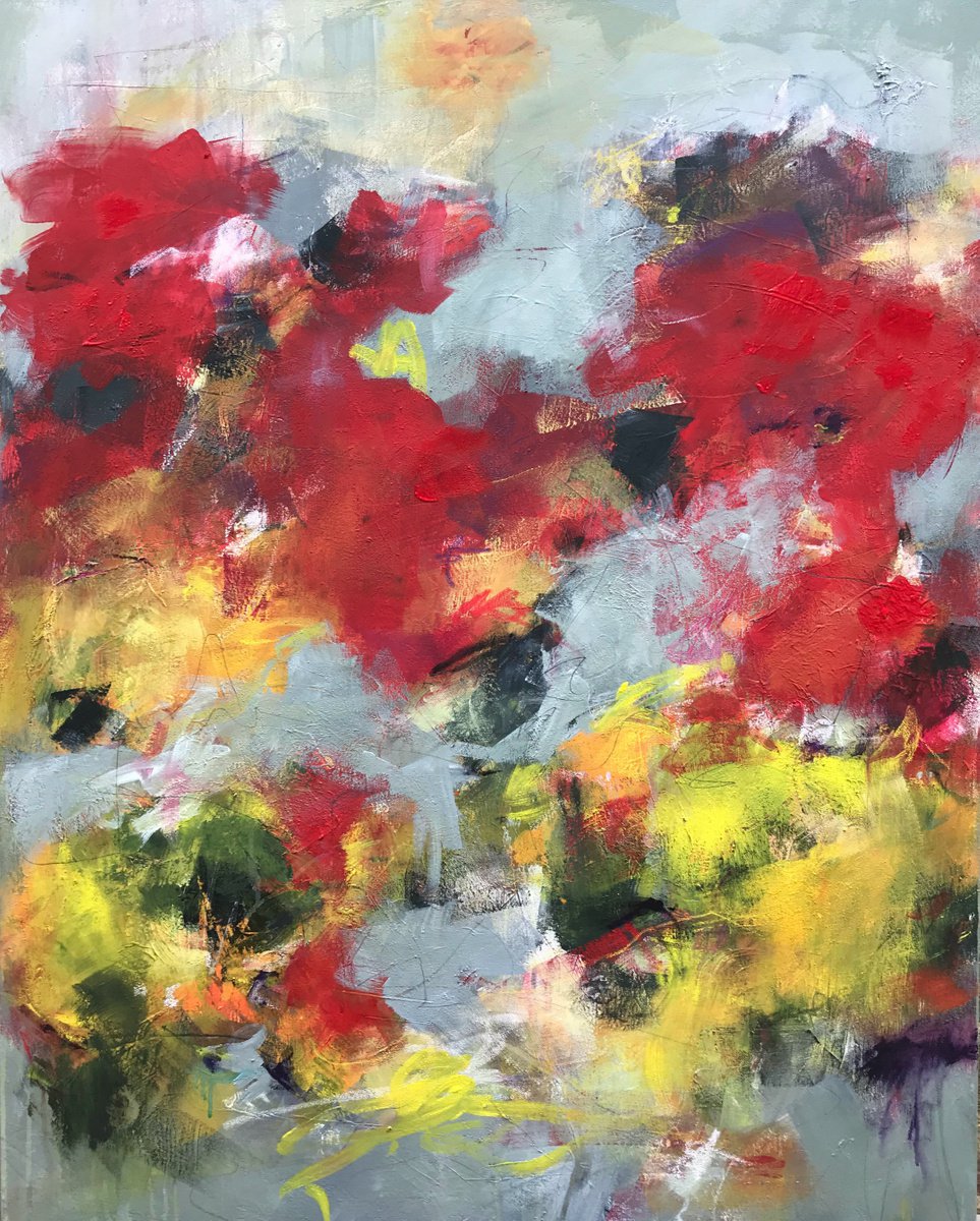 Bright Flowers, Stormy Day - Large, contemporary painting by Angela Dierks