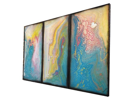 Blue fluid triptych A1118 Abstract art - pouring Paintings on canvas - Original Contemporary Large Acrylic painting by Ksavera