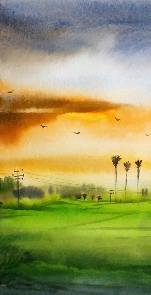 Rainy day & Corn Field - Watercolor Painting by Samiran Sarkar