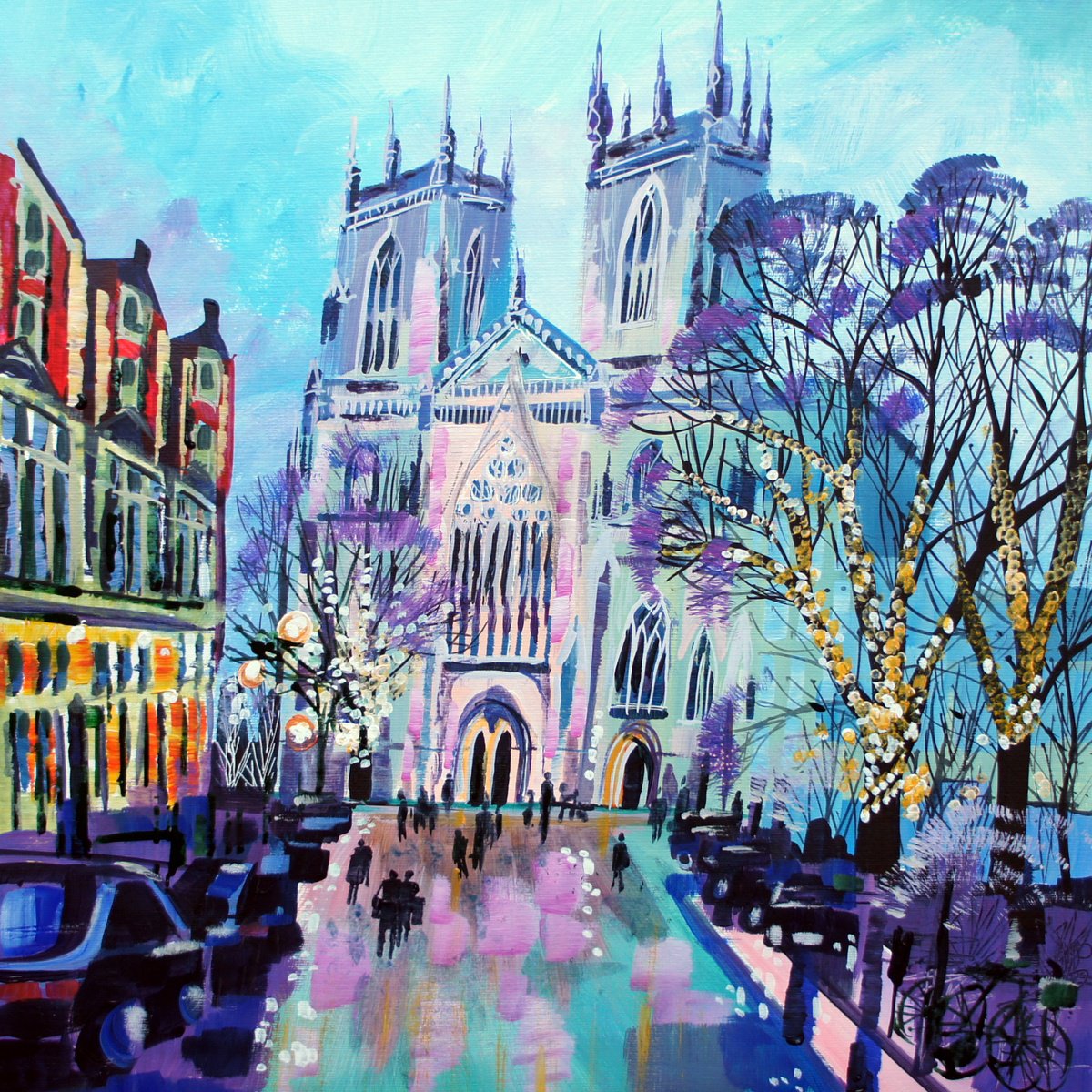 Impressionistic Cityscapes Acrylic Painting By Julia Rigby, 19 X 19", York Christmas, Original Artwork