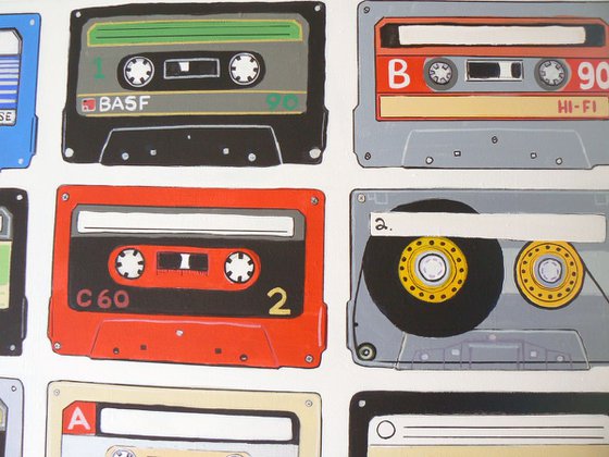 My mix (cassette tapes, retro music, 70's, 80's rock culture, large canvas artwork)