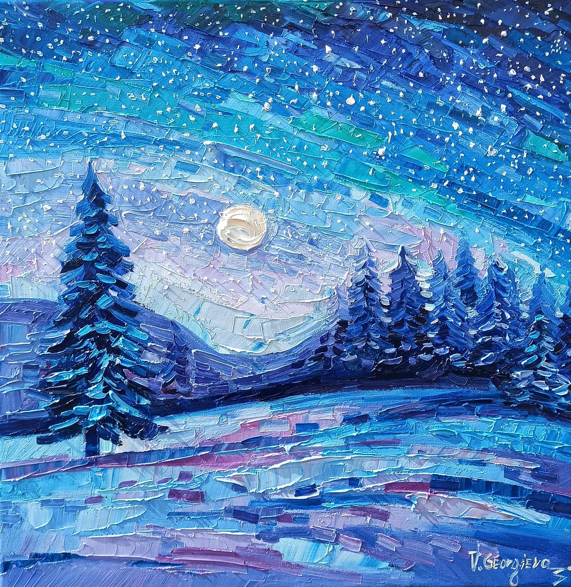 Impressionistic Landscape Oil Painting By Vanya Georgieva, 20 X 20", Blue Silence, Original Artwork