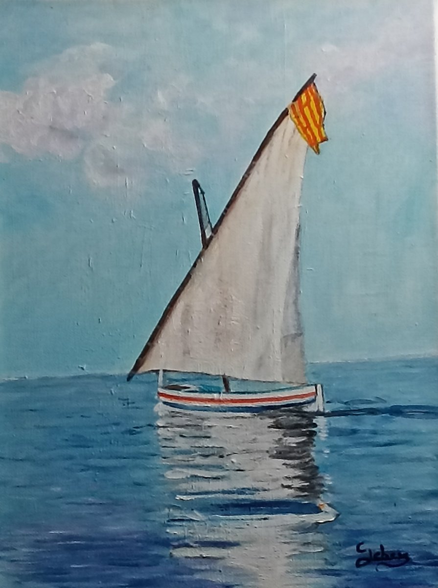 Impressionistic Landscape Oil Painting By Isabelle Lucas, 12 X 16, Boat, Sea And Reflections, Original Artwork