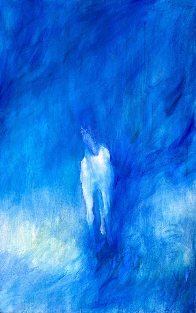 Abstract Animal Oil Painting By Zakhar Shevchuk, 28 X 43", Blue Horse, Original Artwork