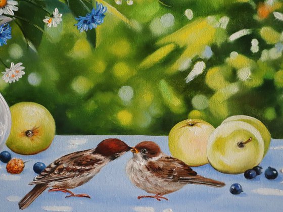 Daisies and Cornflowers with Sparrows