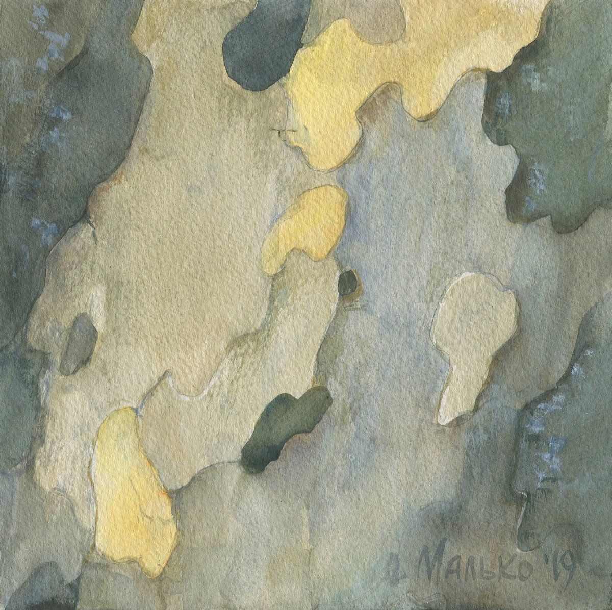 Big routes of little insects #2. Sycamore tree bark. Original non figurative watercolor pa... by Olha Malko