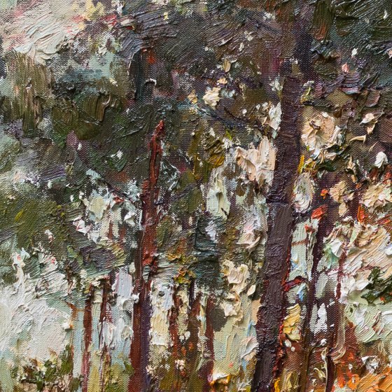 Autumn forest at sunset  Landscape painting