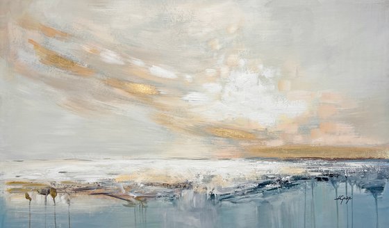 Peaceful - Sky Sea Abstract Painting, Original Modern Art, Gold Leaf Soft Colors Modern Textured Painting, Size: 48 x 28 inches (120 x 70 cm)