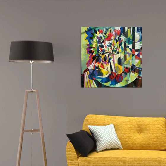 Still life with wine and pomegranates (80x80cm, cubism, oil painting, ready to hang)