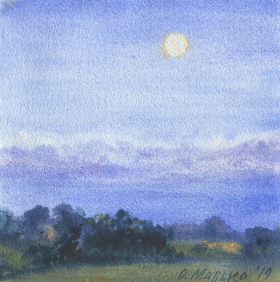 Moon clouds / Night sky Watercolor landscape