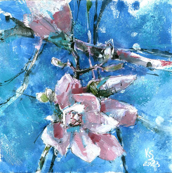 Textured abstract mixed media artwork "Blossoming Magnolia Branches"