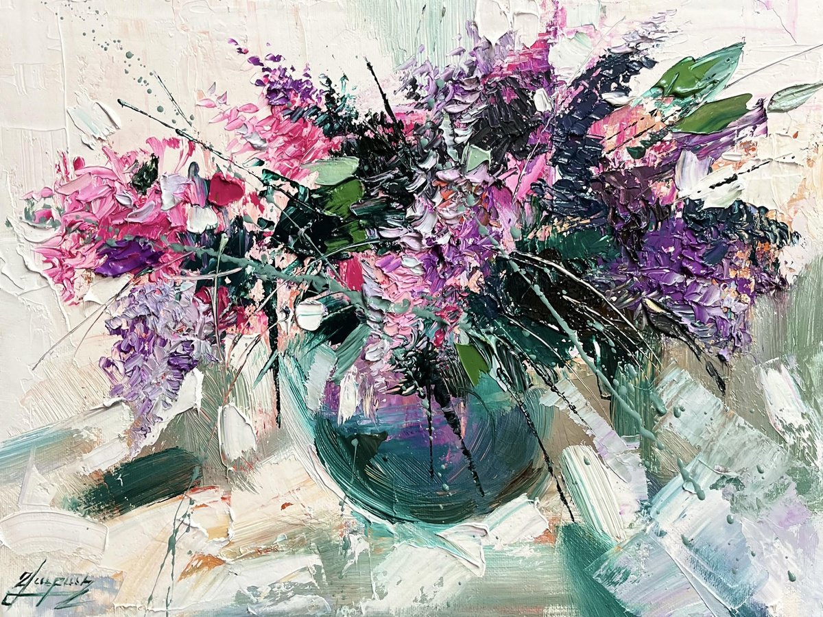 Impressionistic Botanical Oil Painting By Vahe Bagumyan, 16 X 12", Spring Lilac, Original Artwork