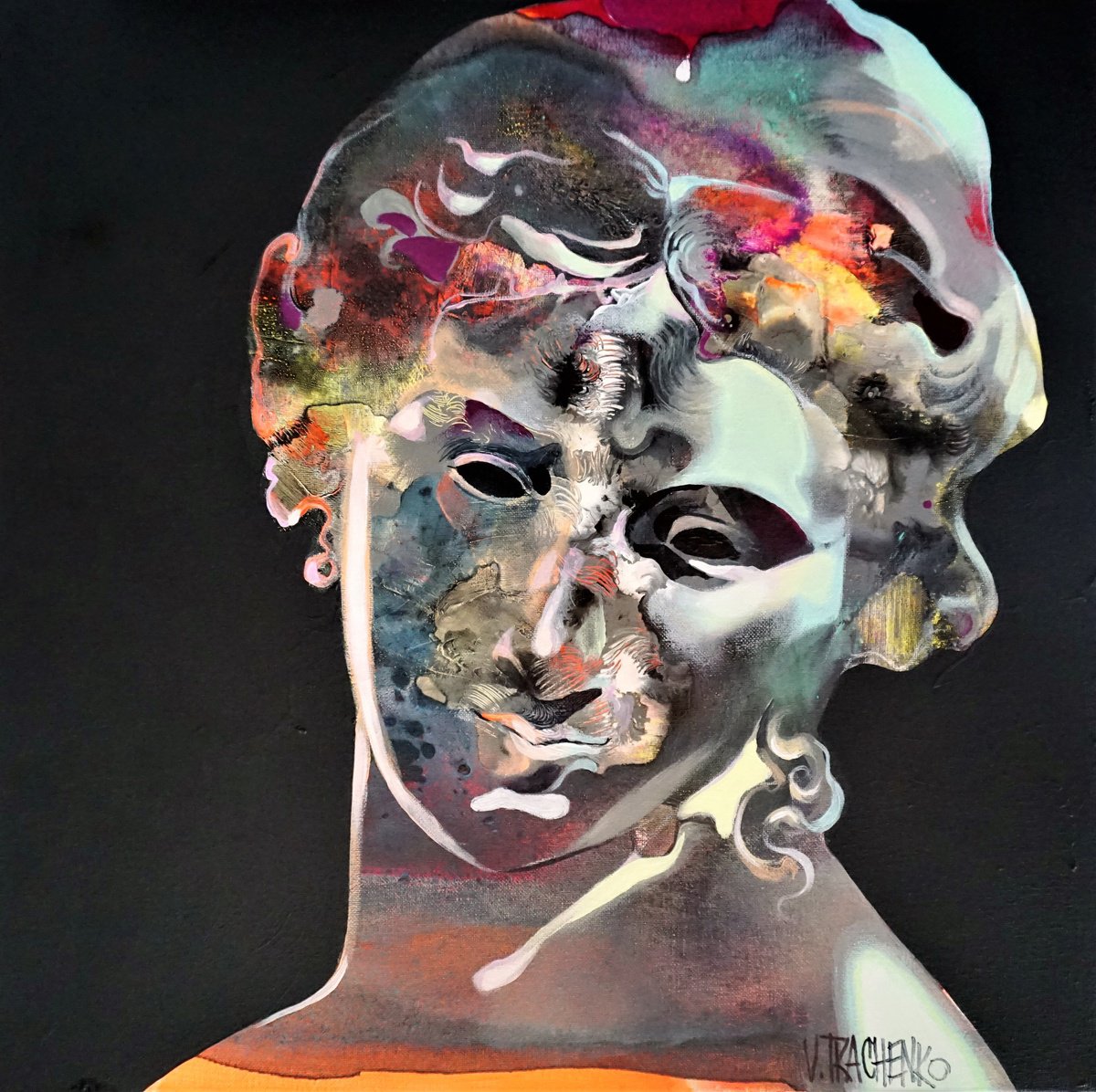 Organic Portrait Acrylic Painting By Victor Tkachenko, 20 X 20", Midnight Venus, Original Artwork