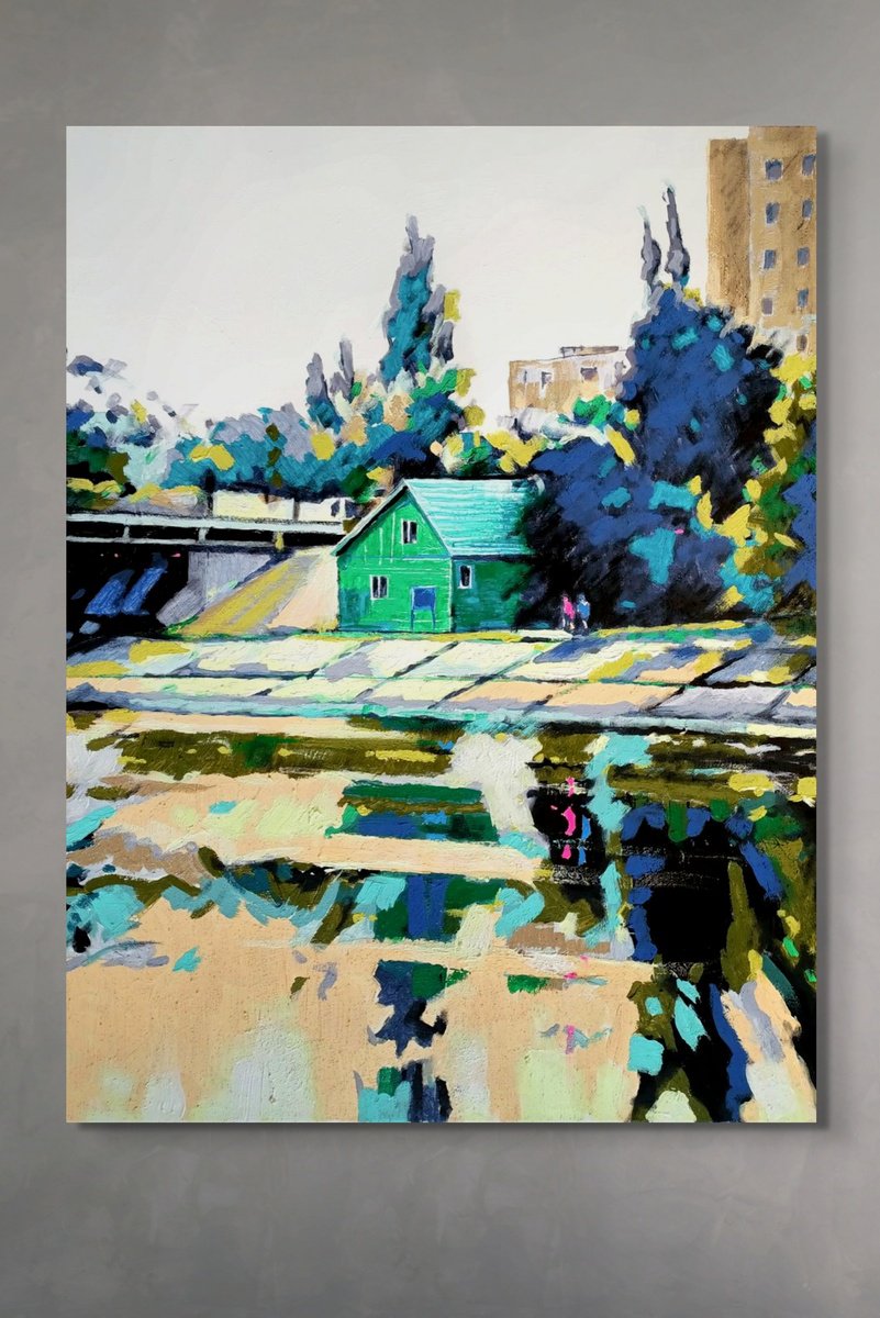 Impressionistic Cityscapes Oil Painting By Evgen Semenyuk, 24 X 31, Slice Of Green, Original Artwork