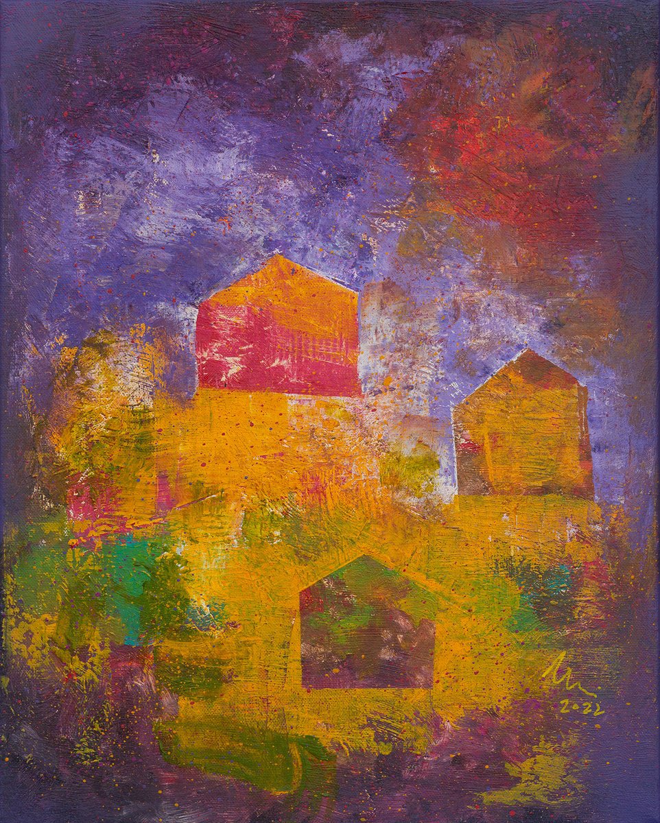 Houses floating into the Sunrise - Abstract painting by Peter Zelei
