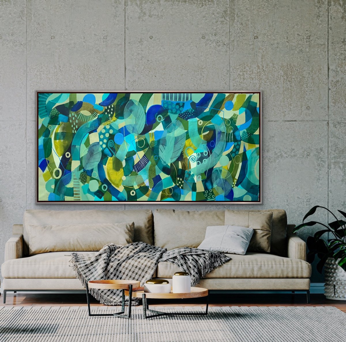 Organic Abstract Acrylic Painting By Rashna Hackett, 72 X 37", Green Shoots,, Original Artwork