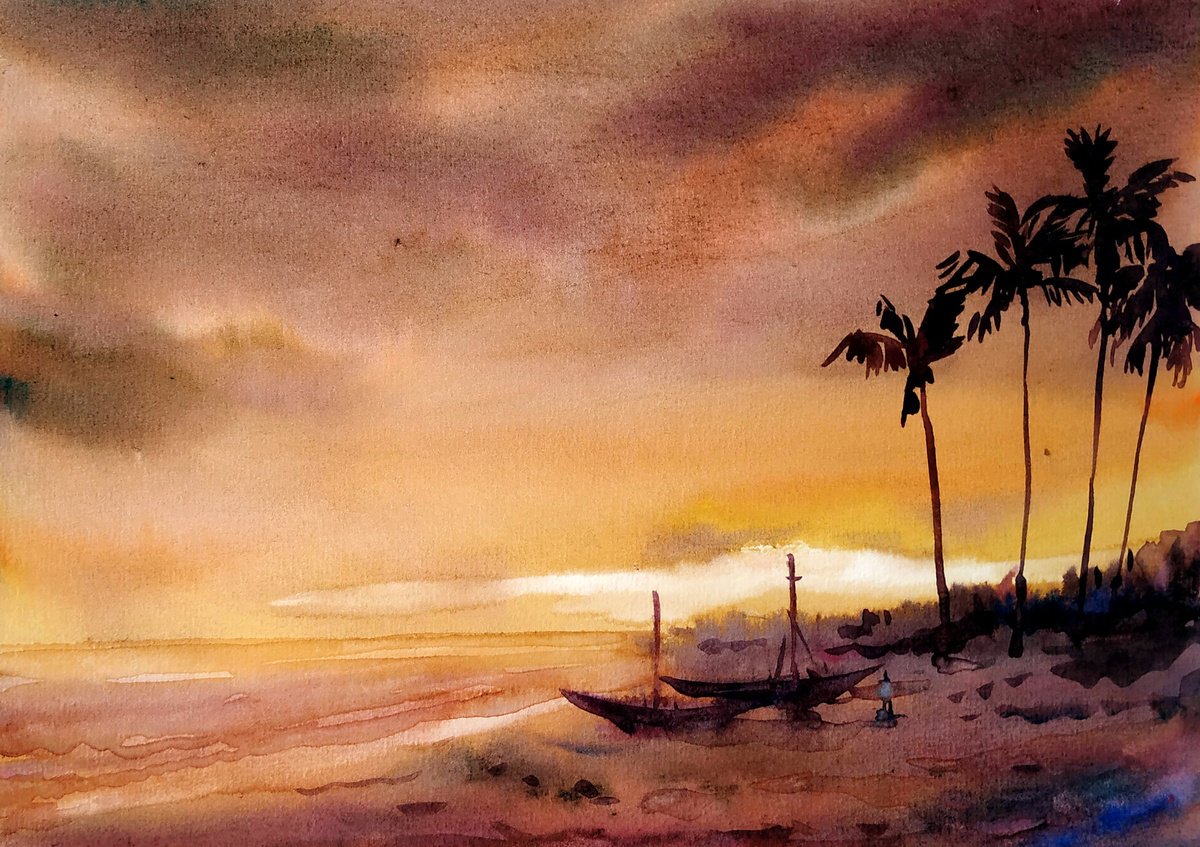 Impressionistic Landscape Watercolour By Samiran Sarkar, 11 X 8", Seashore At Stormy Day, Original Artwork