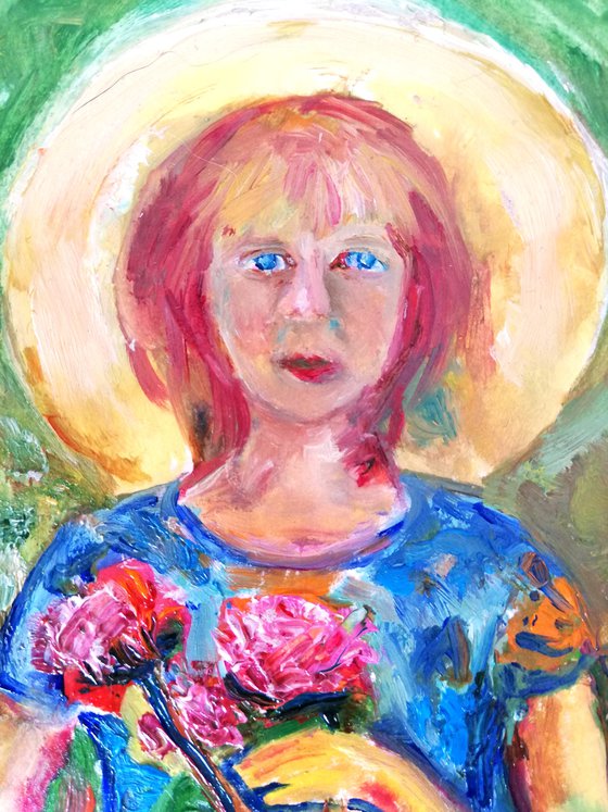 "Girl with Flowers" Original Oil on Paper Artwork