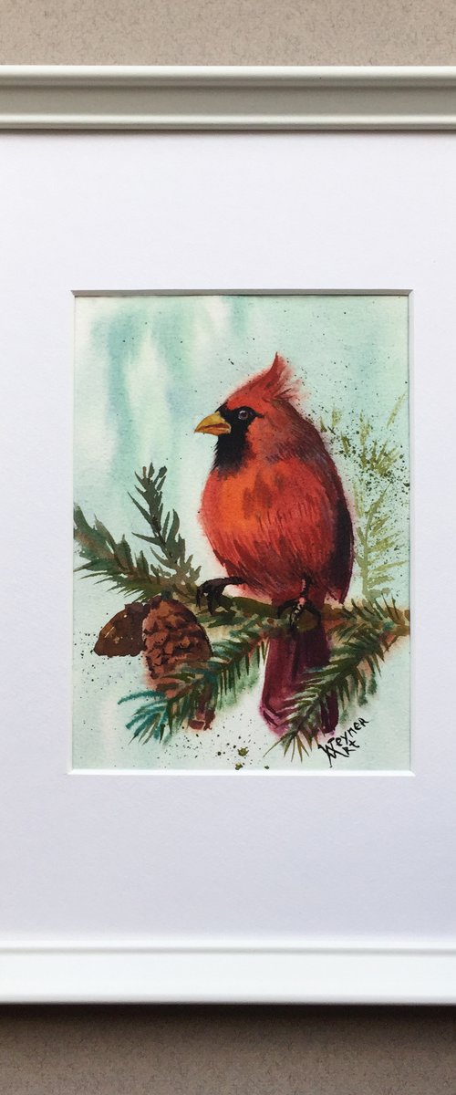 Red cardinal. Red bird art by Natalia Veyner