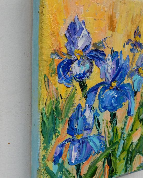 Irises, flowers. Impasto oil painting. Palette knife, heavy textured art