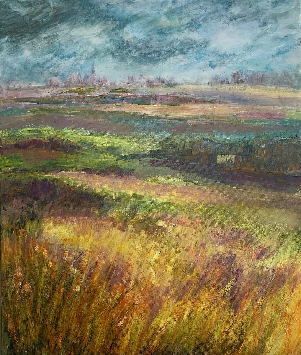 Impressionistic Landscape Oil Painting By Suzsi Corio, 21 X 25", Cornfield And London Skyline, Original Artwork
