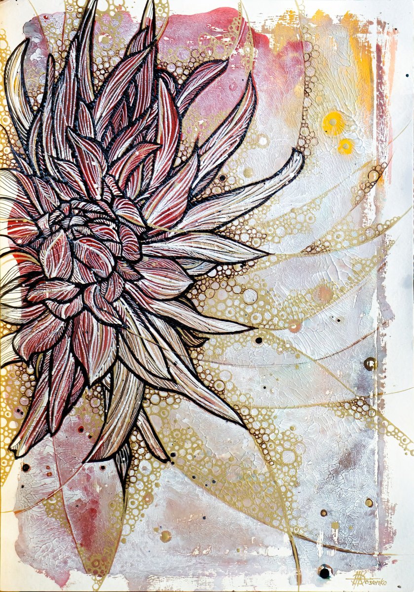 Graphic Botanical Drawing By Olena Kosenko, 12 X 17", Golden Dahlia, Original Artwork