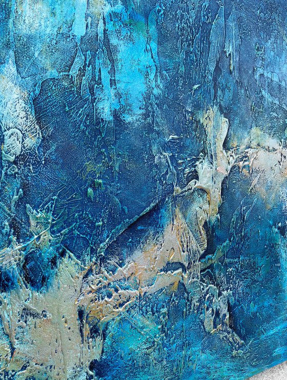 Large Blue Abstract Seascape Textured Painting Blue, Silver, Gold. Modern Art with Heavy Texture. Abstract Landscape Contemporary Artwork for Livingroom or Bedroom